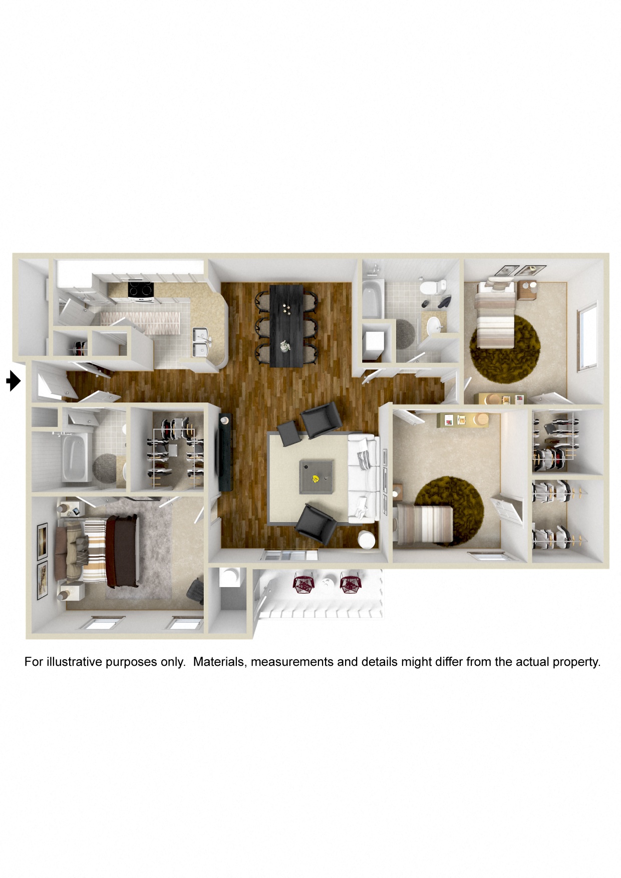 Floor plan for 3 beds, 2 baths, 1365 sqft
